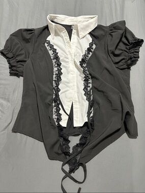 SHEIN Black & White Lace-Trim Button Down Puff Sleeve Top